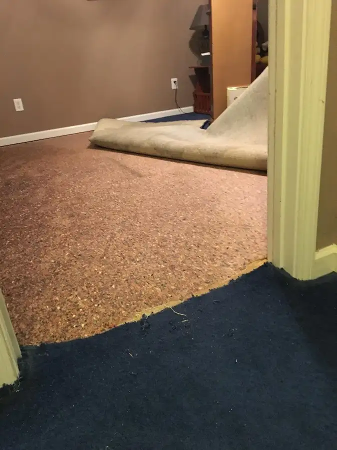 Carpet pad removal revealing water damage during Water Mitigation Services in Tupper Lake